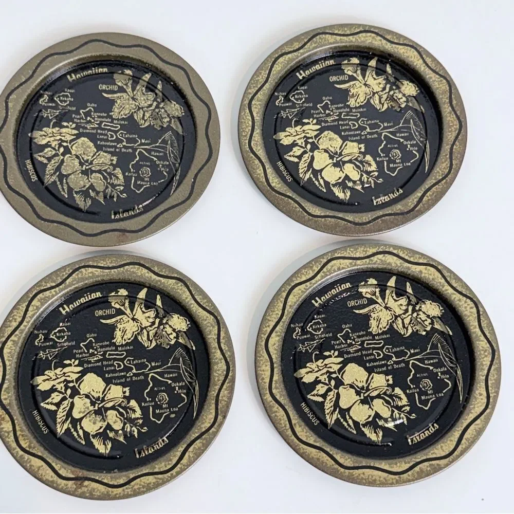 Set of 6 Vintage Aluminum Hawaii Souvenir Coaster Set